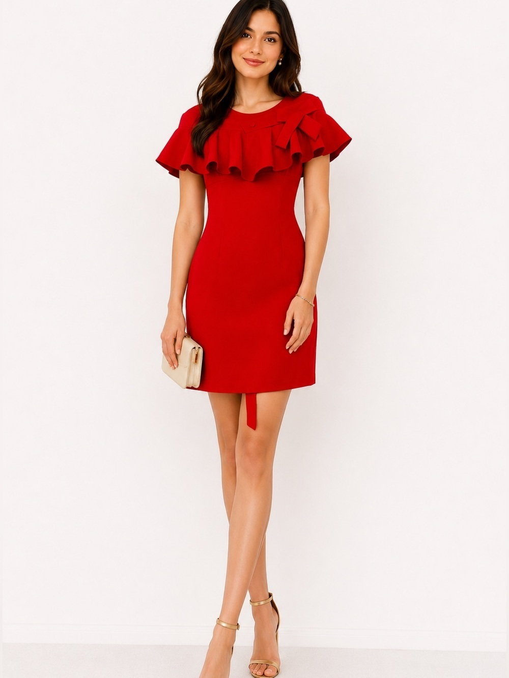 DONNA RICCO Rare Red ruffled removable shoulder sheath dress women’s size 8P